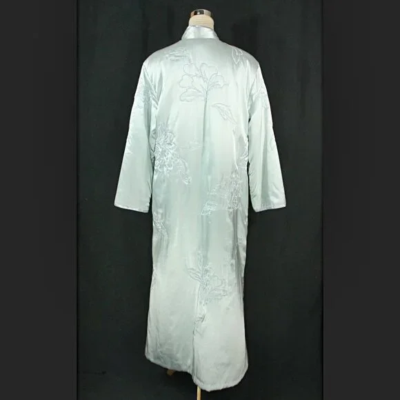 Vintage Natori Satin Floral Embroidered Full Length Winter Robe Lounge Blue M - Picture 10 of 14